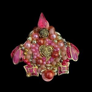 Handmade Up-cycled Brooch Artisan Repurposed Vintage Jewelry Pin Pink (Broach)